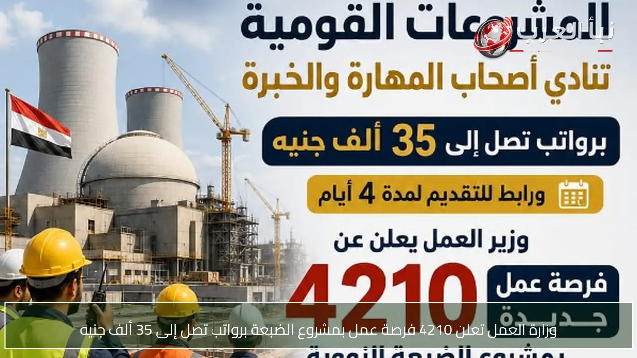 وزارة العمل تعلن 4210 فرصة عمل بمشروع الضبعة برواتب تصل إلى 35 ألف جنيه