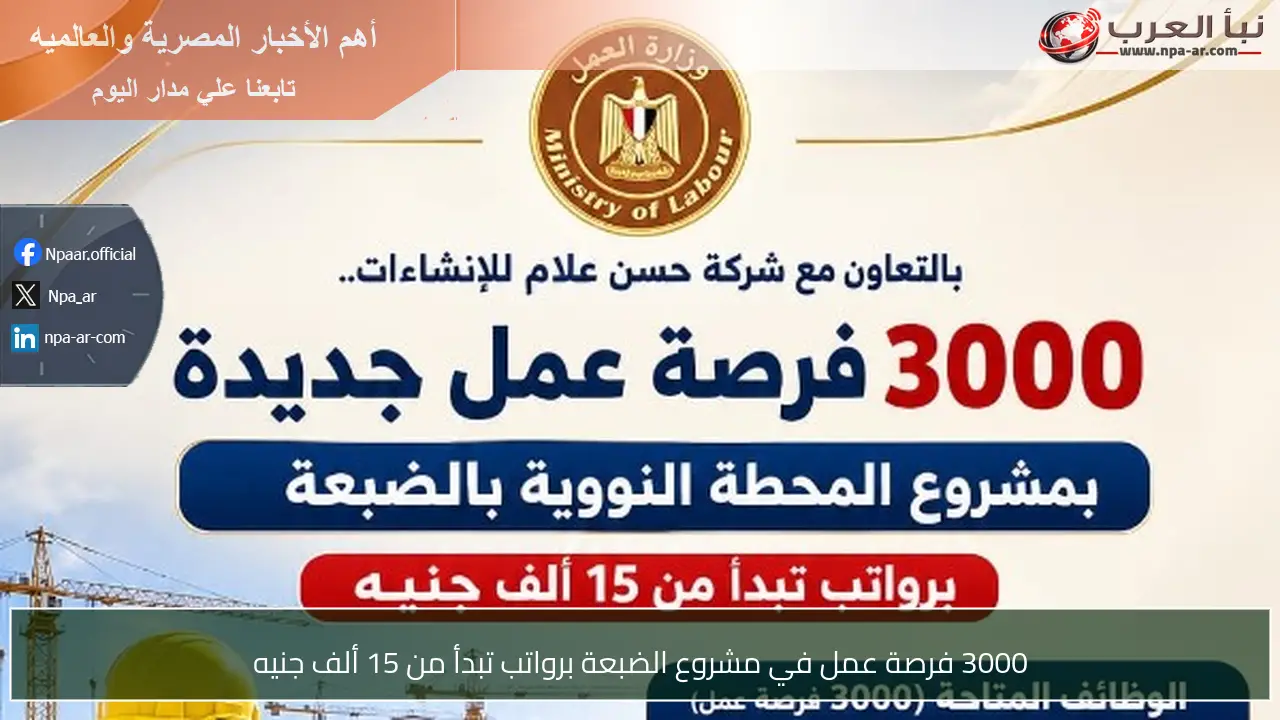 3000 فرصة عمل في مشروع الضبعة برواتب تبدأ من 15 ألف جنيه