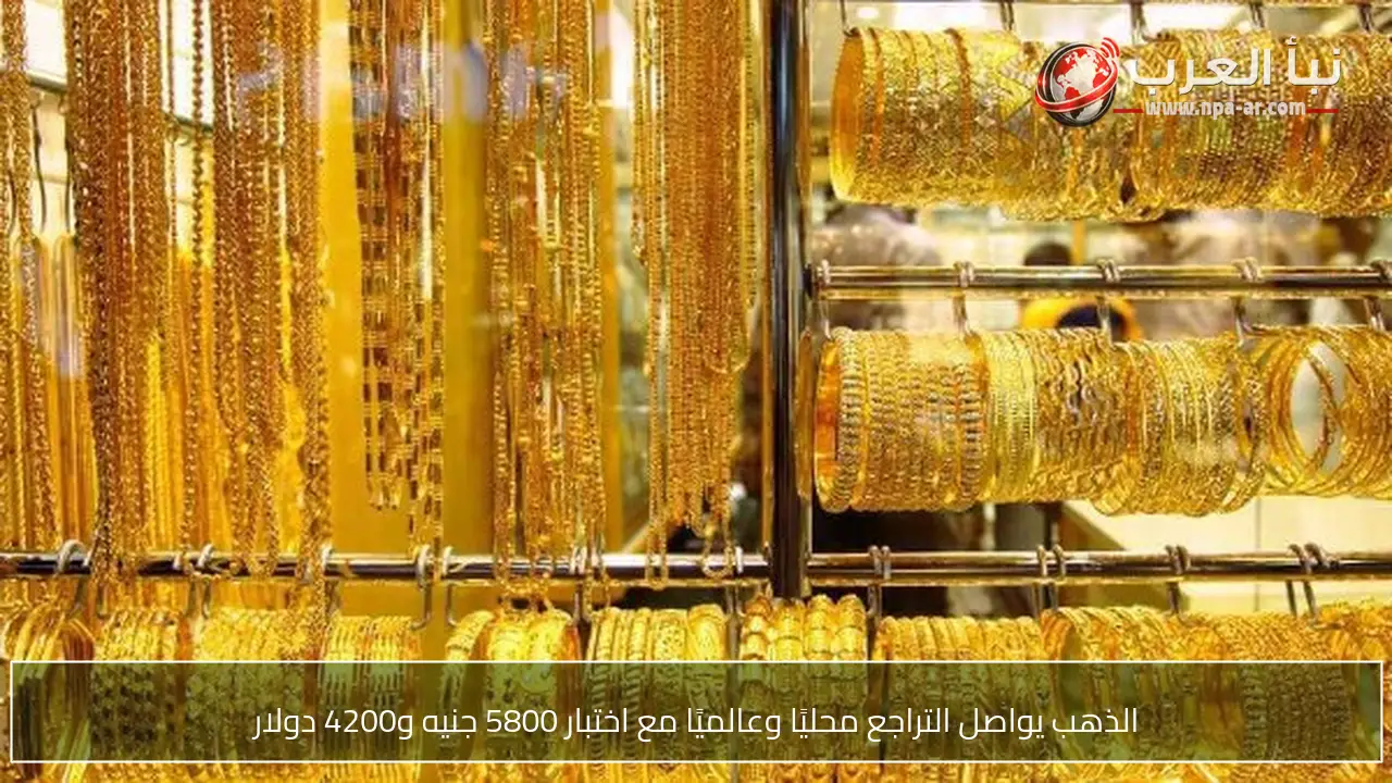 الذهب يواصل التراجع محليًا وعالميًا مع اختبار 5800 جنيه و4200 دولار