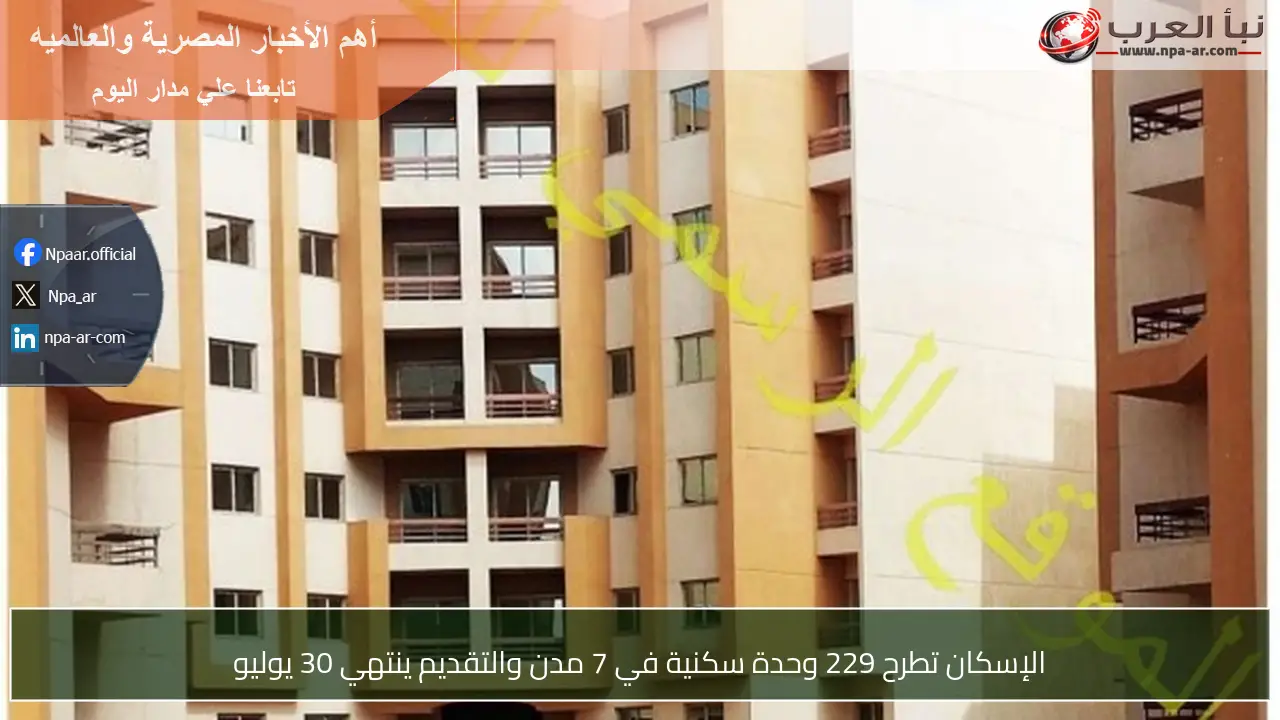 الإسكان تطرح 229 وحدة سكنية في 7 مدن والتقديم ينتهي 30 يوليو