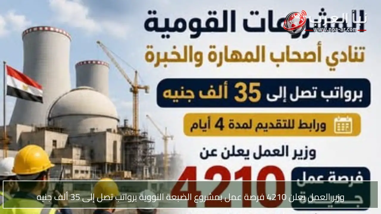 وزير العمل يعلن 4210 فرصة عمل بمشروع الضبعة النووية برواتب تصل إلى 35 ألف جنيه