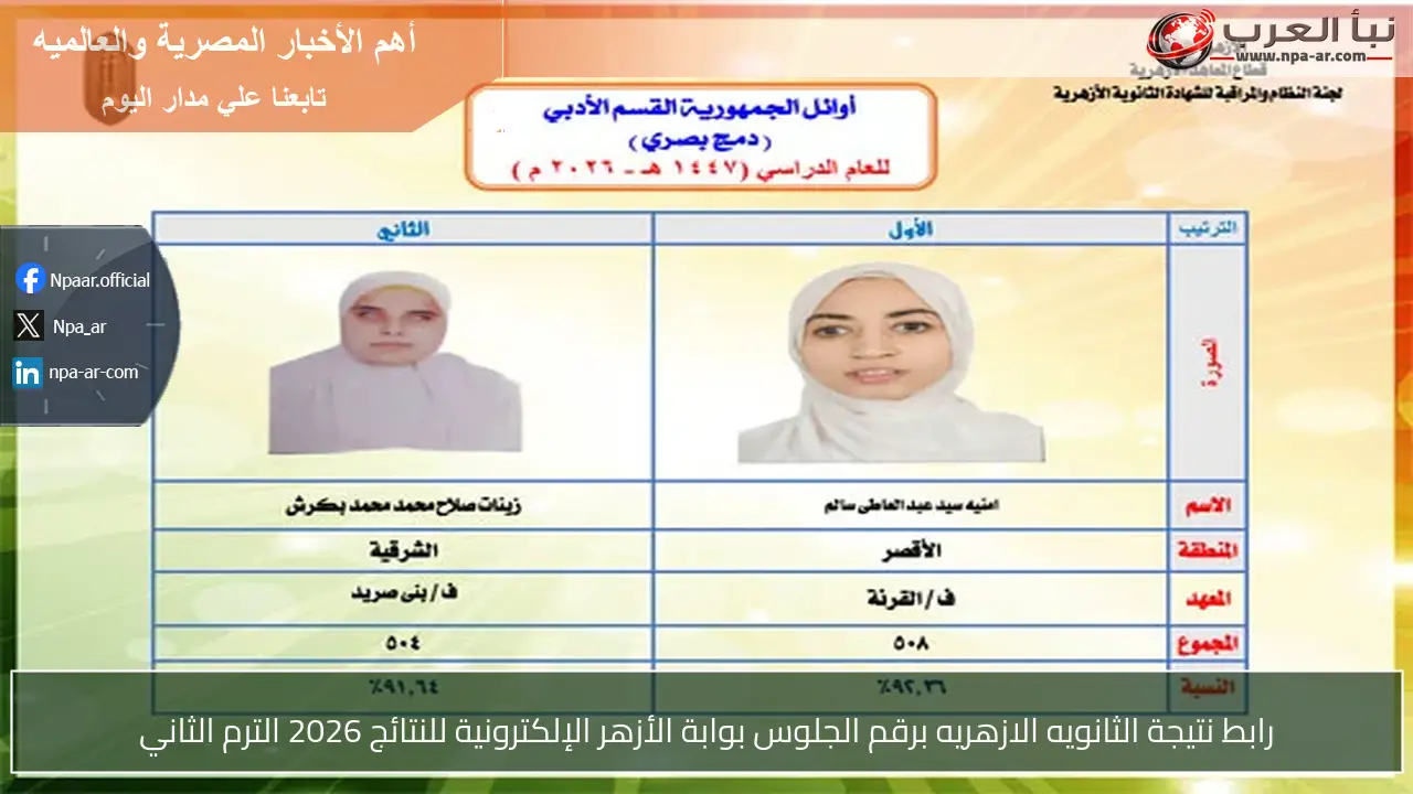 رابط نتيجة الثانويه الازهريه برقم الجلوس بوابة الأزهر الإلكترونية للنتائج 2026 الترم الثاني