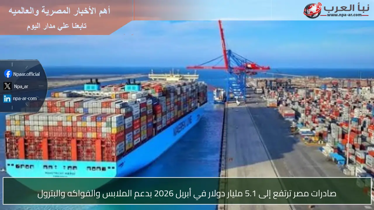 صادرات مصر ترتفع إلى 5.1 مليار دولار في أبريل 2026 بدعم الملابس والفواكه والبترول