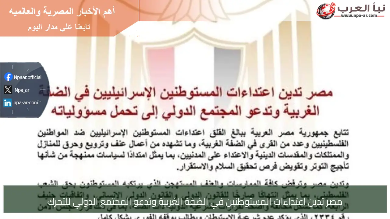 مصر تدين اعتداءات المستوطنين في الضفة الغربية وتدعو المجتمع الدولي للتحرك