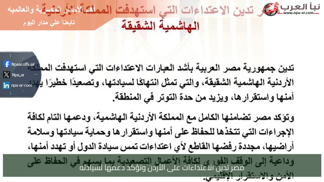 مصر تدين الاعتداءات على الأردن وتؤكد دعمها لسيادته