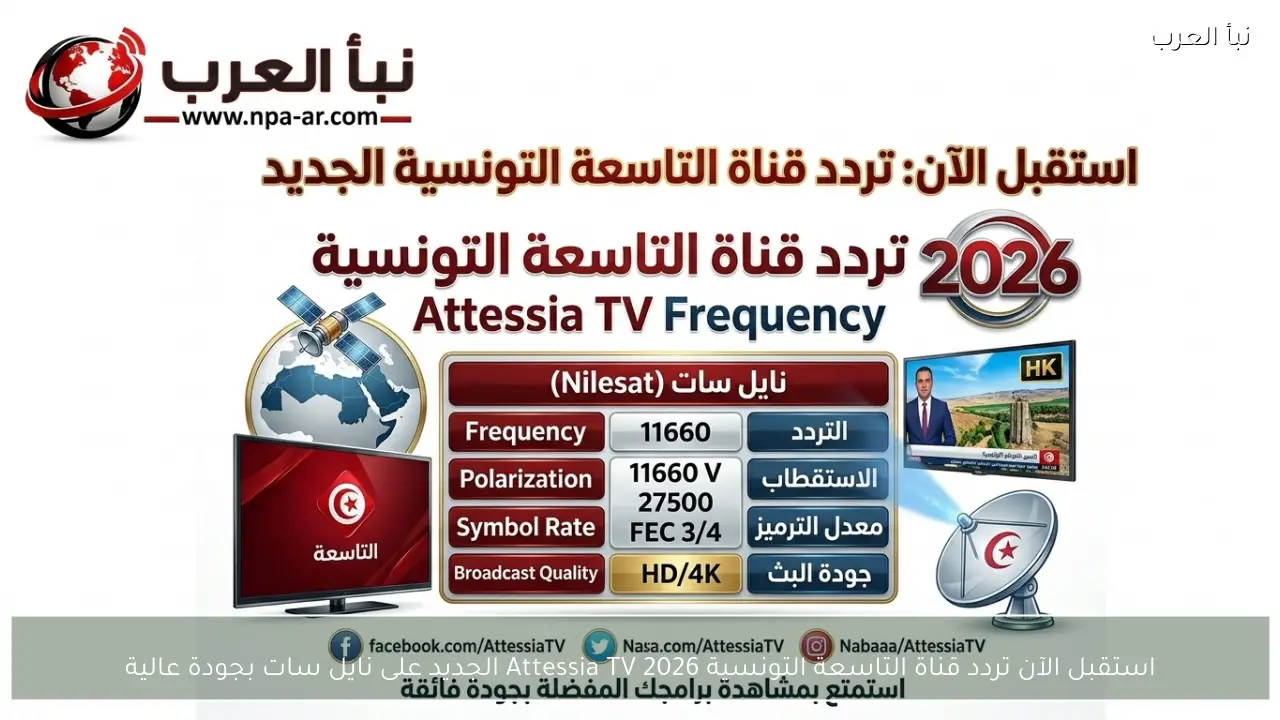 استقبل الآن تردد قناة التاسعة التونسية 2026 Attessia TV الجديد على نايل سات بجودة عالية